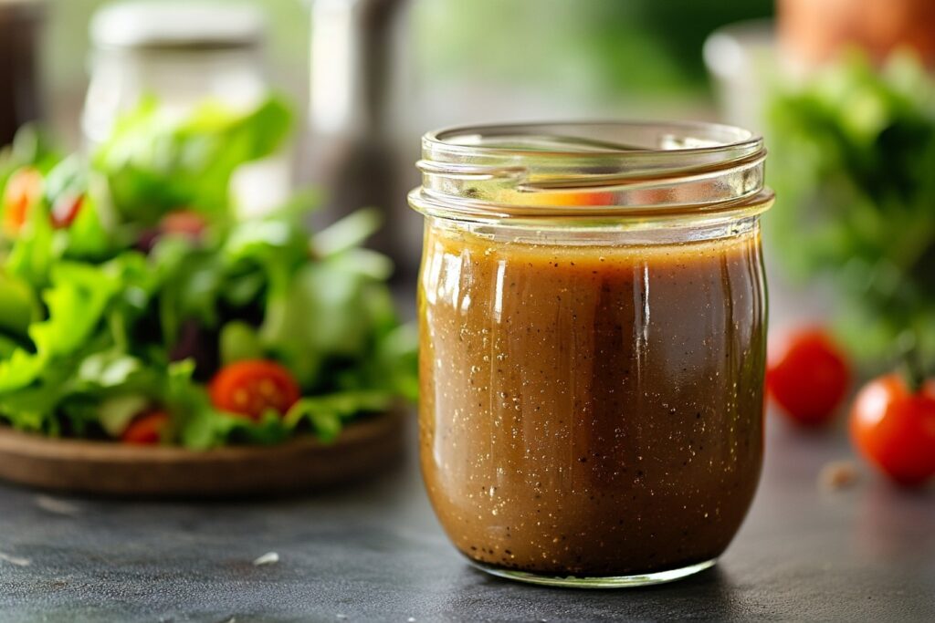 Creamy balsamic salad dressing in a mason jar