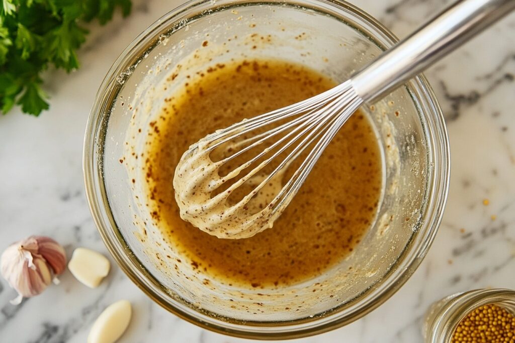 Whisking balsamic creamy salad dressing in a bowl