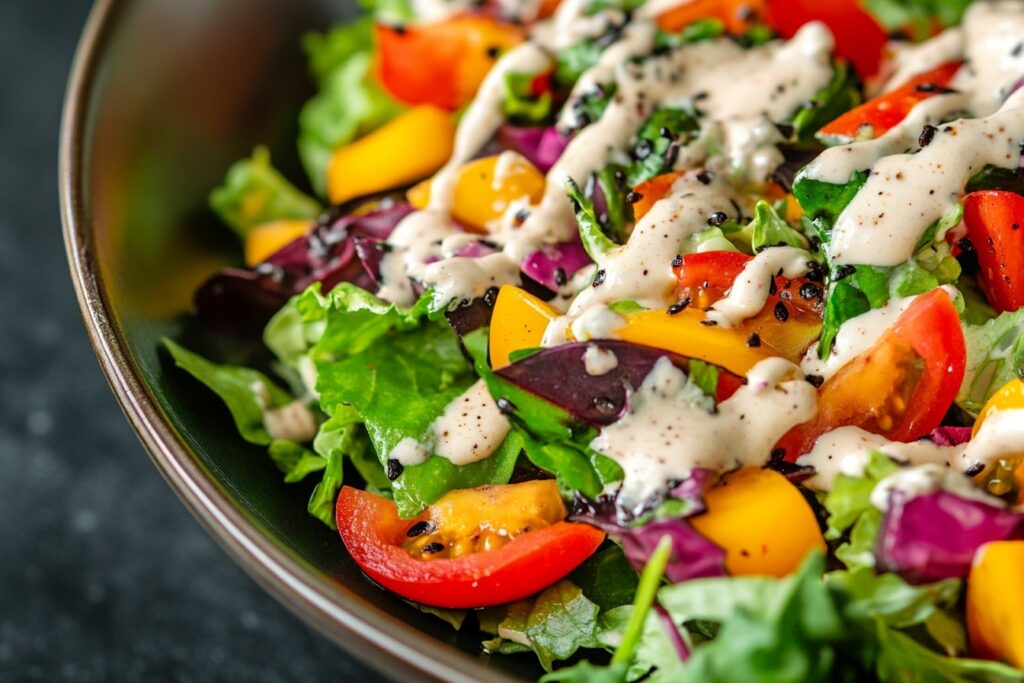 Salad topped with balsamic creamy salad dressing